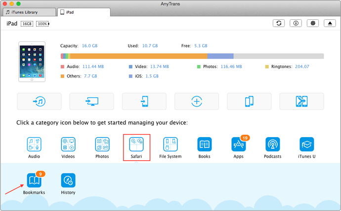 How to Delete iPad Bookmarks with AnyTrans – Step 2