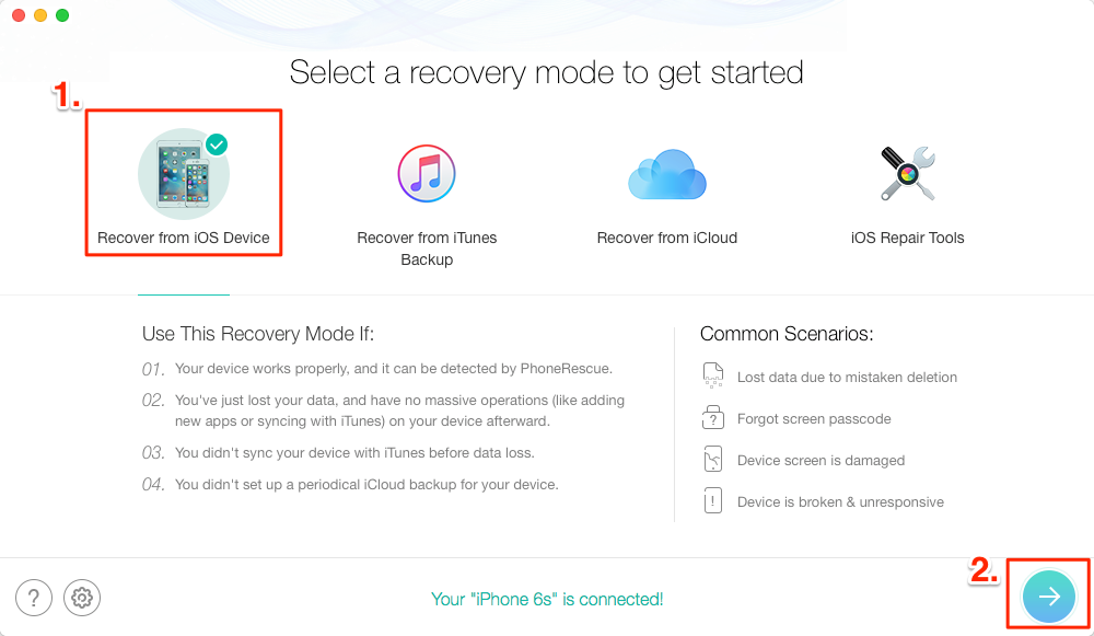 Recover Deleted Pictures from iPhone 6/6s (Plus) with PhoneRescue– Step 1